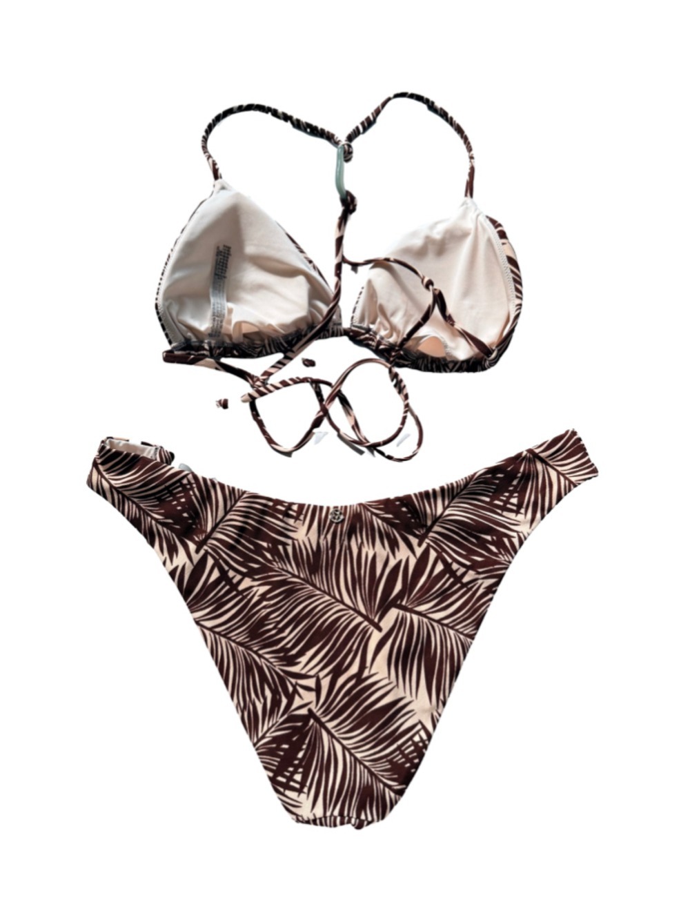 Victoria's Secret Bikini Set Brown Beige Palm Print Size L Top & XL Bottom - Picture 2 of 6